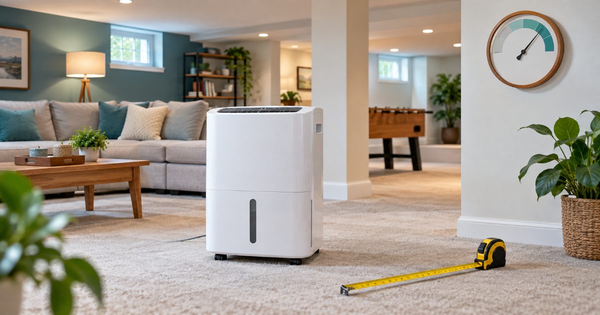 A white portable dehumidifier in a finished basement room with a dial hygrometer on the wall and an open tape measure on the carpet