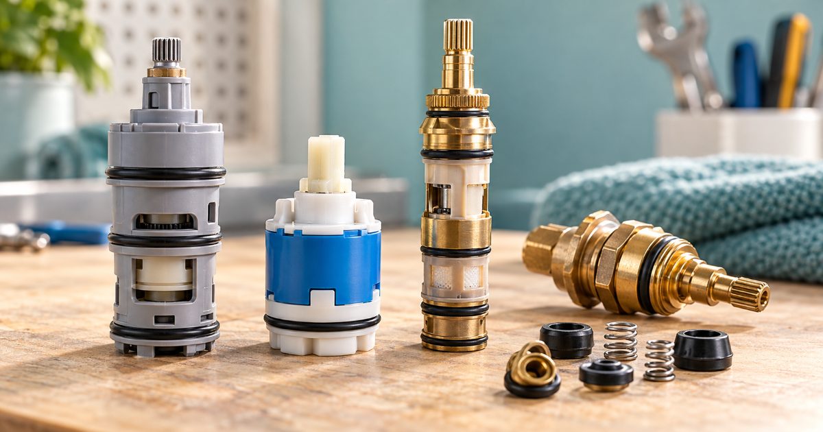 Three Delta shower valve cartridges standing on a workbench, one gray pressure-balance cartridge, one blue-and-white cartridge with two legs, and one tall thermostatic cartridge, beside a brass two-handle stem unit and a pair of rubber seats and springs