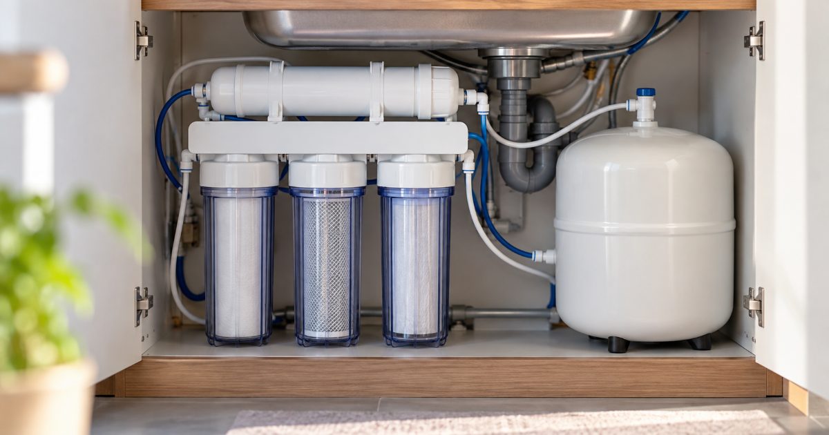 An under-sink reverse osmosis system with three pre-filter housings, a membrane housing and a storage tank inside a bright kitchen cabinet, with a water test report on the counter above