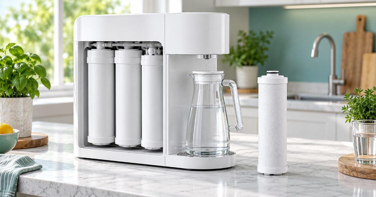 Countertop reverse osmosis water filter with a pitcher and a spare cartridge on a bright kitchen counter