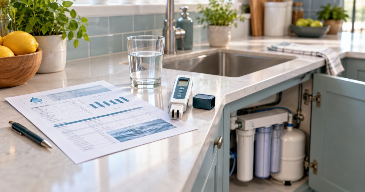 A printed water test report and a handheld TDS meter on the counter of a bright kitchen, with a glass of tap water and an under-sink filter housing visible below