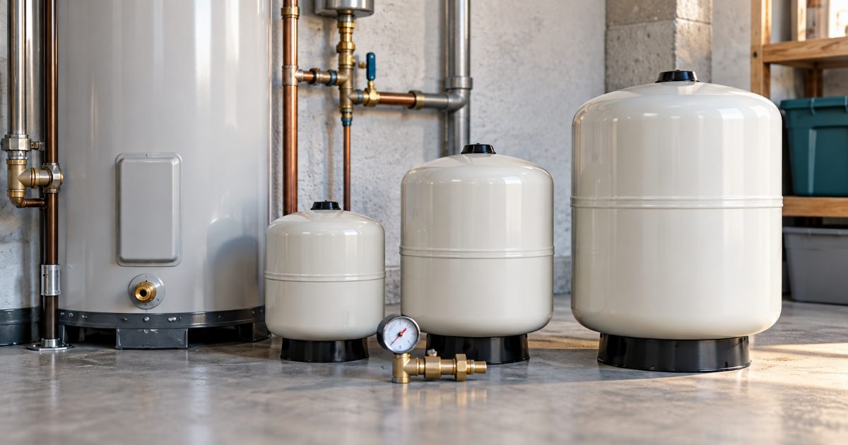 Three potable thermal expansion tanks of increasing size lined up on a basement floor beside a residential tank water heater, with a pressure gauge in front