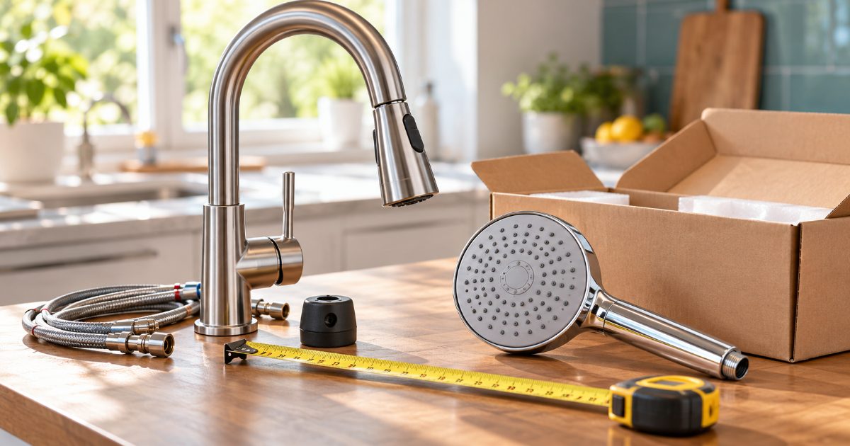A brushed nickel pull-down kitchen faucet and a chrome handheld shower head on a butcher-block counter beside a tape measure, supply hoses and an open shipping box