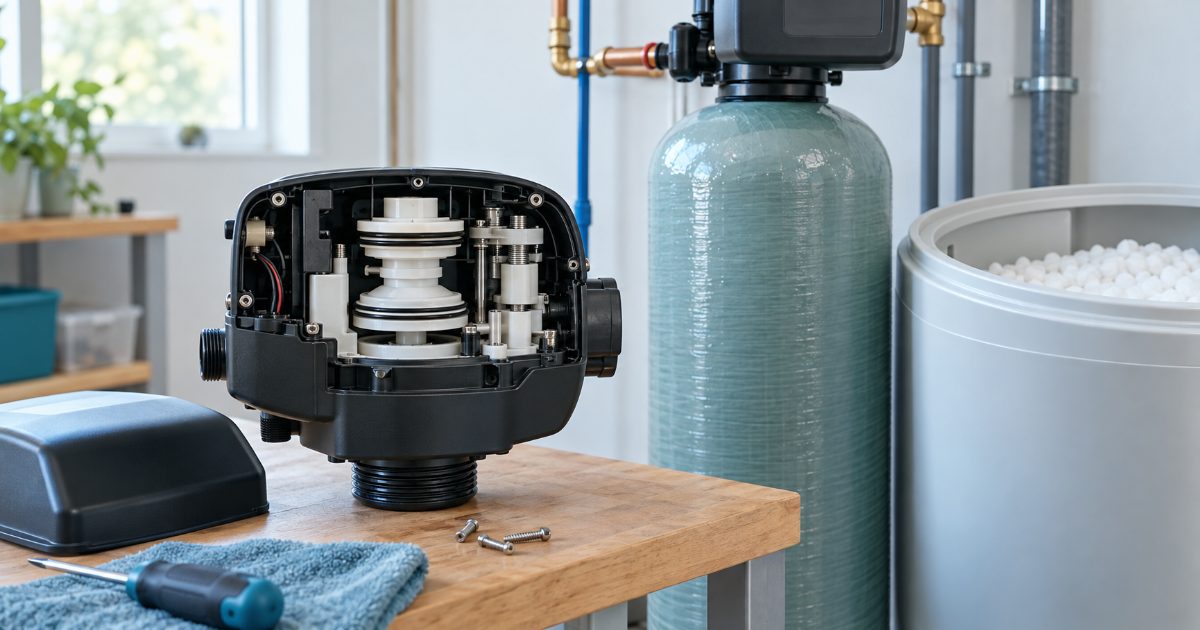Water softener control valve head with its cover off on a workbench in a bright utility room, beside a resin tank and a brine tank, no brands visible