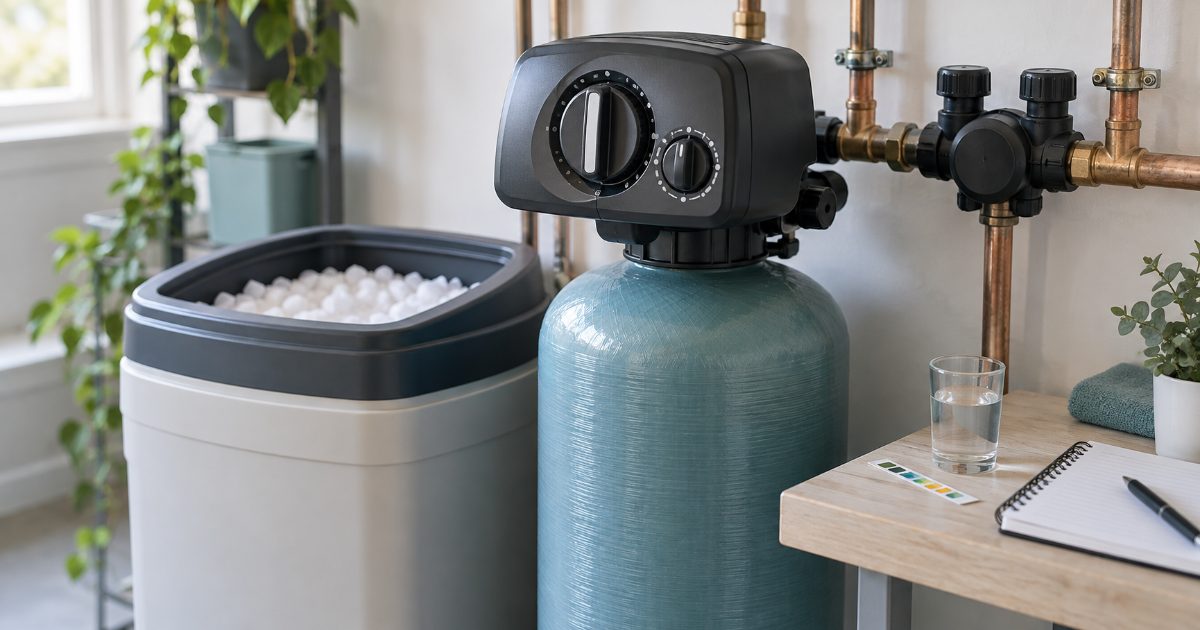 A water softener control valve head on a resin tank beside a brine tank in a bright utility room, with a hardness test strip and a notebook of settings on the shelf
