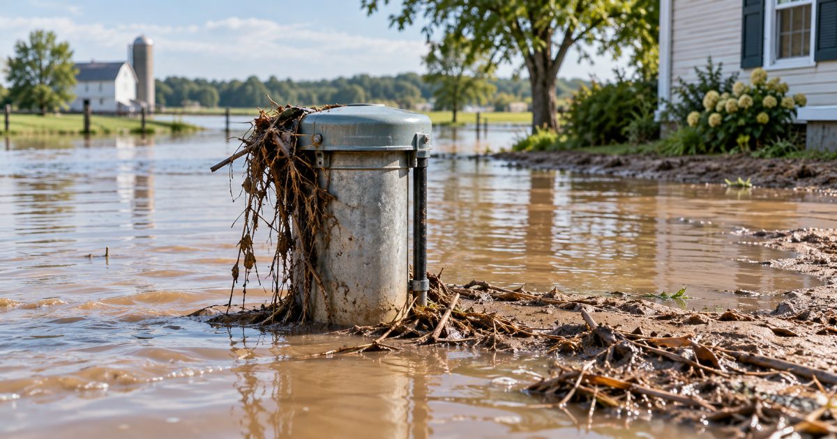 A steel well casing standing in receding brown floodwater beside a farmhouse, with silt and debris caught against the cap