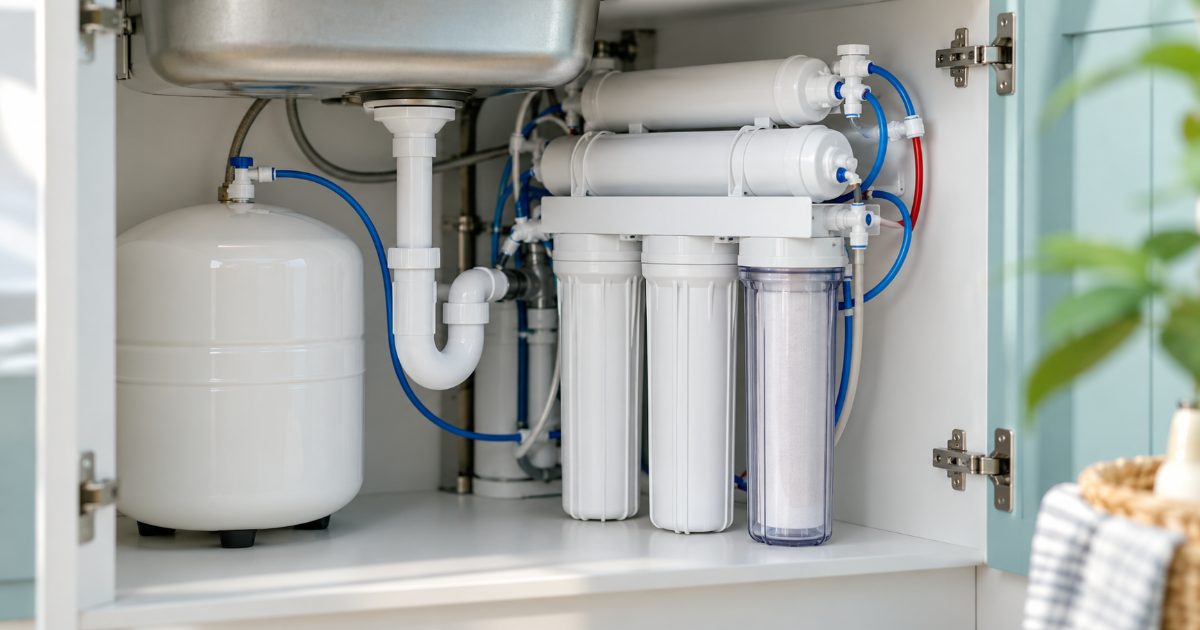 Reverse osmosis water filter system with storage tank and white filter cartridges installed under a kitchen sink.