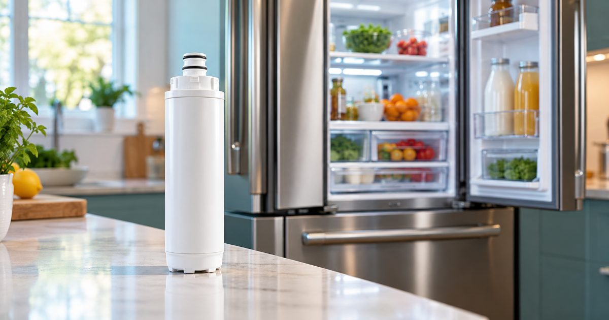 A white cylindrical refrigerator water filter cartridge standing on a marble counter in front of an open stainless French-door refrigerator