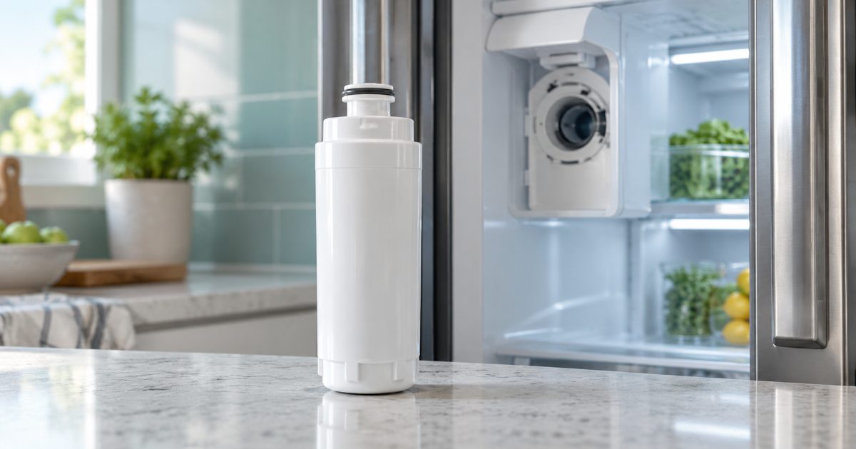 A round push-twist refrigerator water filter cartridge held beside the open door of a French-door refrigerator in a bright kitchen