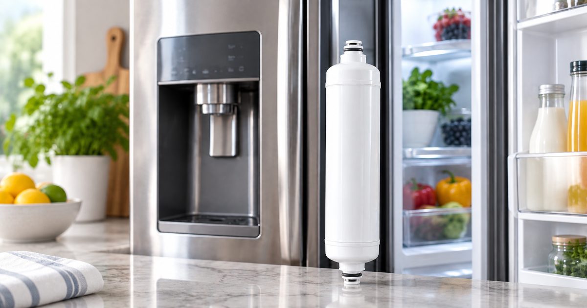 A slim white refrigerator water filter cartridge held in front of an open refrigerator door in a bright kitchen