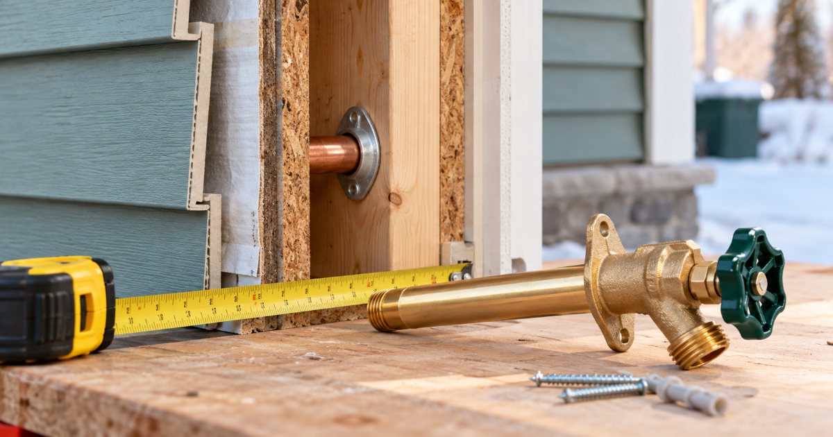 A brass frost-free sillcock lying on a workbench beside a tape measure held against a cutaway section of an exterior wall