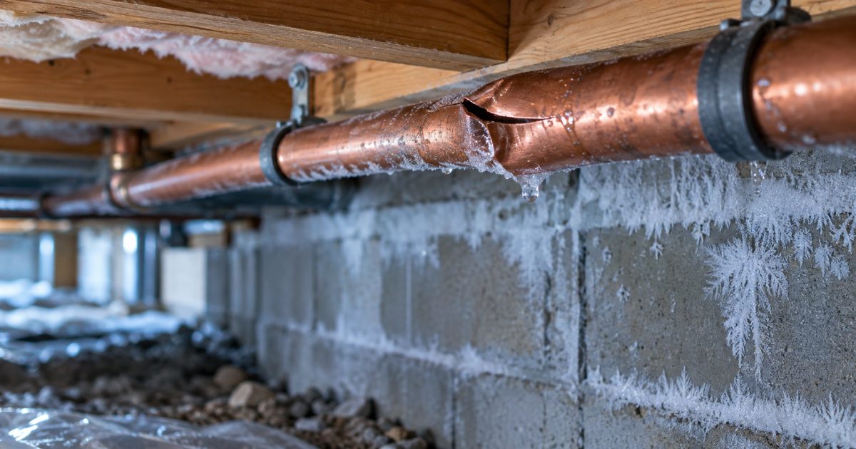 A copper water pipe running along the joists of an unheated crawl space, with a split bulge in the tubing and frost on the surrounding foundation wall
