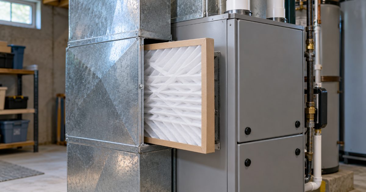 A white pleated furnace filter with a cardboard frame partly slid into the filter slot on the return duct of a grey gas furnace in a basement utility room
