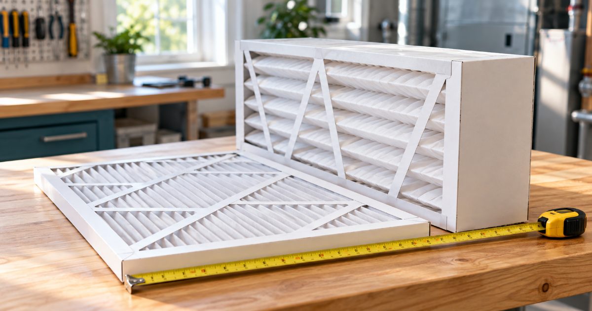 A pleated 1 inch furnace filter lying on a wood workbench beside a deep 4 inch media filter and a tape measure stretched along the frame edge