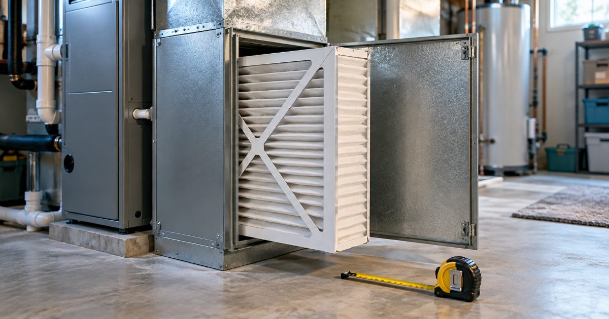 A deep pleated media filter half slid out of the open door of a sheet metal filter cabinet beside a basement furnace, with a tape measure on the floor