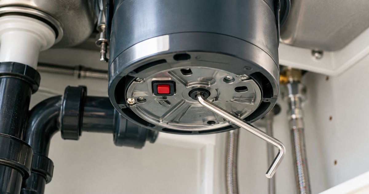 A garbage disposal seen from below under a kitchen sink, with a small silver hex wrench seated in the center socket next to the square red reset button