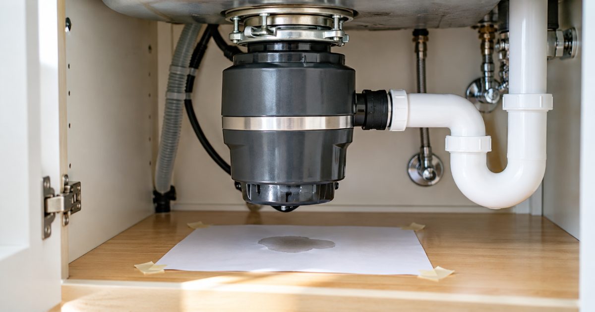 A garbage disposal under a kitchen sink with a sheet of paper taped to the cabinet floor below it, showing a single wet spot under the housing