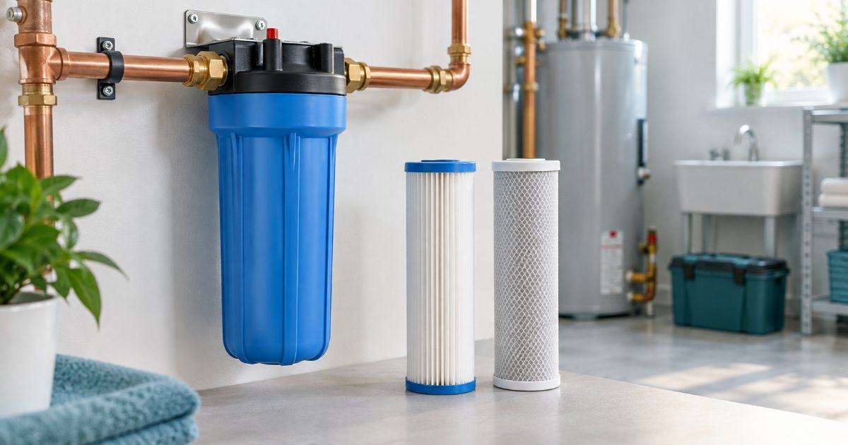 Blue whole-house water filter housing on a copper supply line with a pleated sediment cartridge and a carbon cartridge laid out beside it in a bright utility room