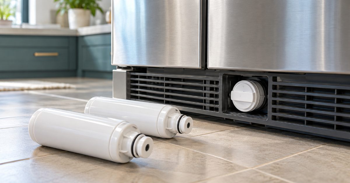Two white cylindrical push-in refrigerator water filter cartridges on a kitchen floor in front of the bottom grille of a stainless refrigerator, where a round filter cap sits