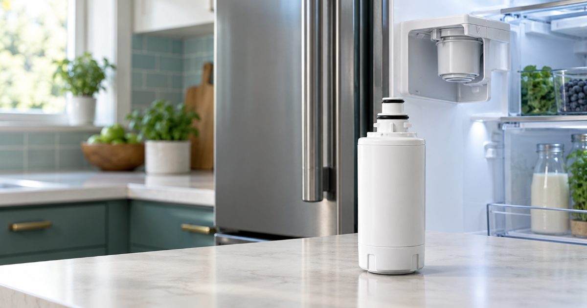 A short cylindrical refrigerator water filter cartridge held in front of the open door of a side-by-side refrigerator in a bright kitchen