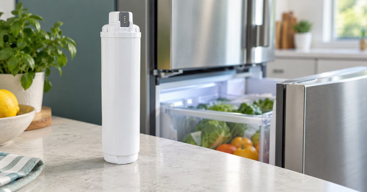 A slim refrigerator water filter cartridge held beside the open door of a French-door refrigerator in a bright kitchen