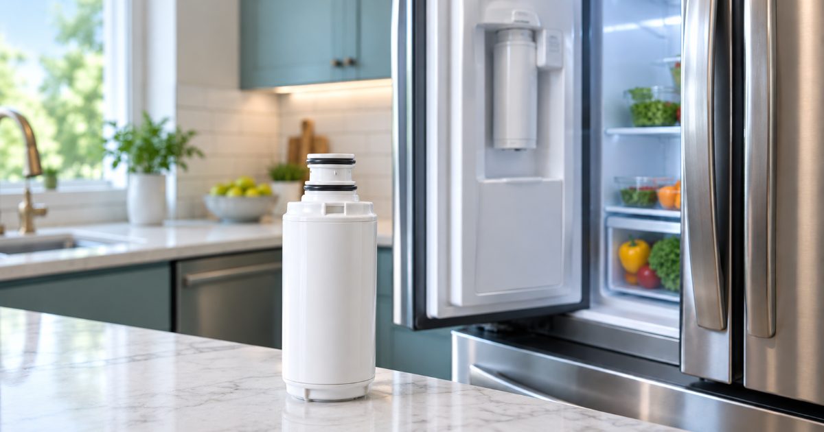 A short cylindrical refrigerator water filter cartridge held beside the open door of a French-door refrigerator in a bright kitchen