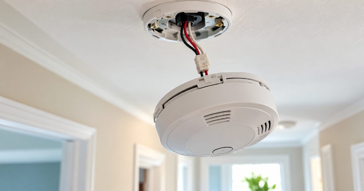 A white hardwired smoke alarm hanging below its ceiling mounting plate by a short black, white and red wire harness with a plug-in connector