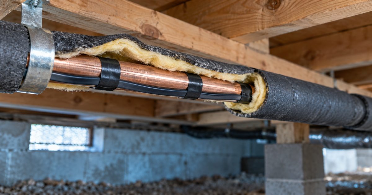 Self-regulating heat cable taped straight along the underside of a copper water line in an unheated crawl space, with half-inch fiberglass pipe insulation pulled back to show the cable and the tape