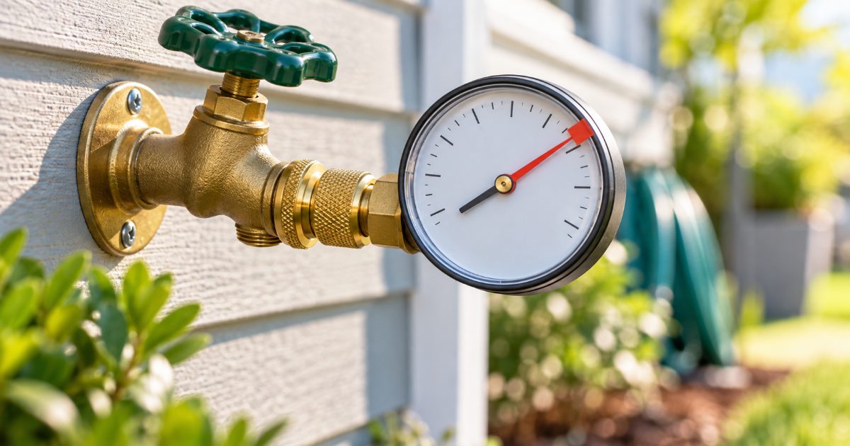 A brass water pressure test gauge with a red max-hold needle screwed onto an outdoor hose bib on a house wall, the needle pointing high on the dial