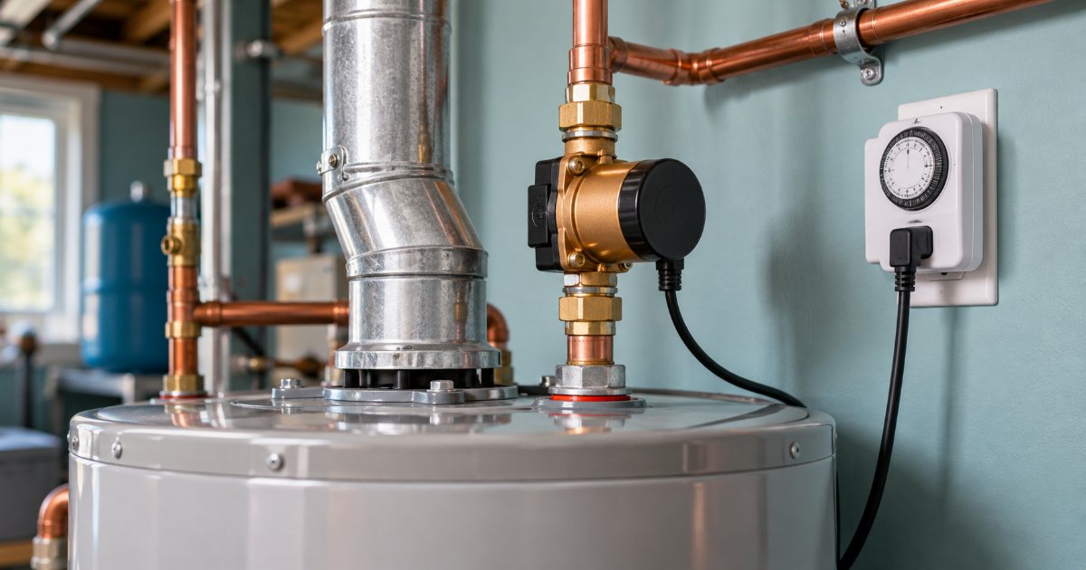 A small bronze recirculation pump mounted on the copper hot water outlet above a residential tank water heater, with a plug-in timer on the wall beside it