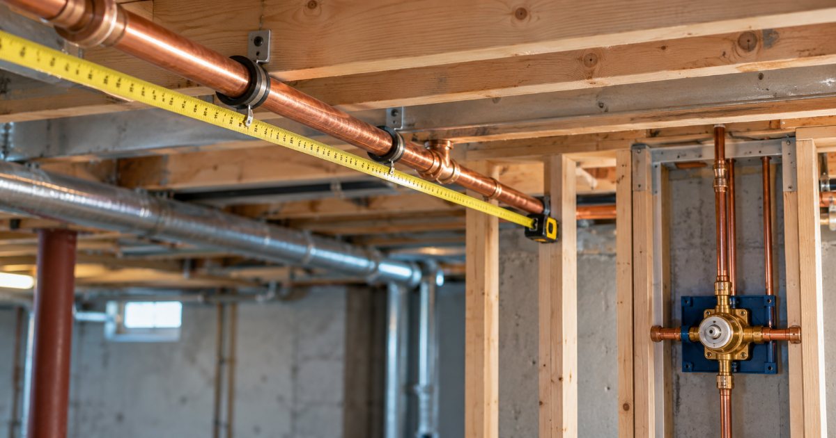 A long run of copper hot water pipe with a tape measure stretched along it in an unfinished basement ceiling, heading toward a shower valve rough-in