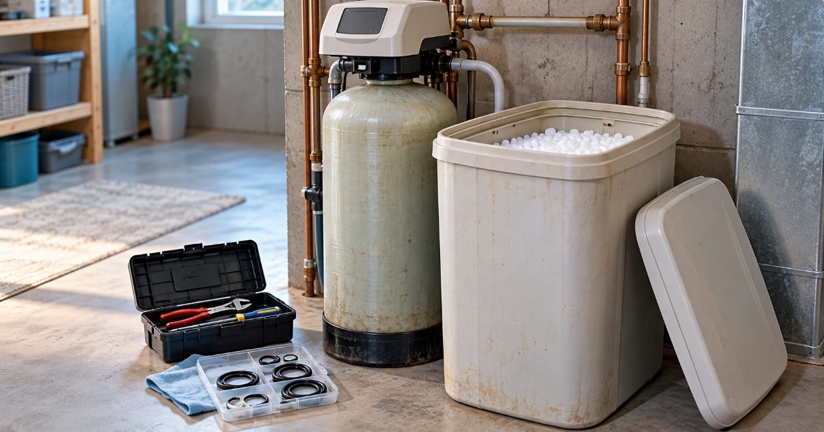 An aging water softener with its brine tank lid off showing salt pellets, with a toolbox and a tray of replacement O-rings on the basement floor beside it