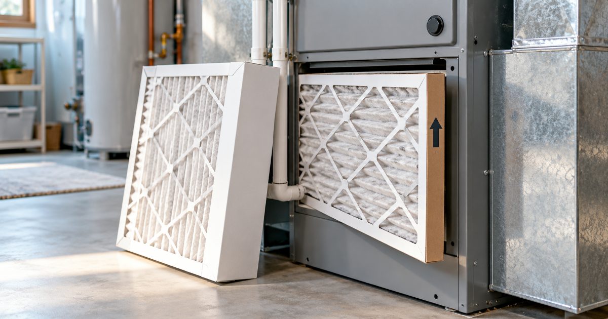 A pleated 1-inch furnace filter with an airflow arrow on its frame half pulled from the return slot of a basement gas furnace, with a thicker 4-inch media filter leaning against the cabinet