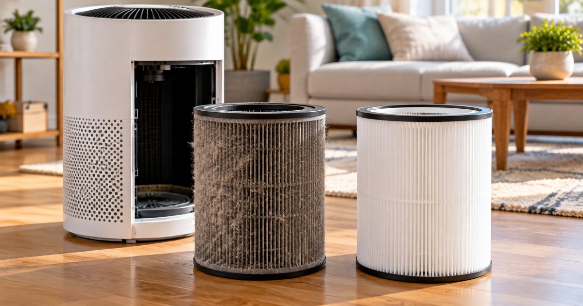 An open cylindrical air purifier with its dust-clogged old filter beside a new white pleated filter on a living room floor