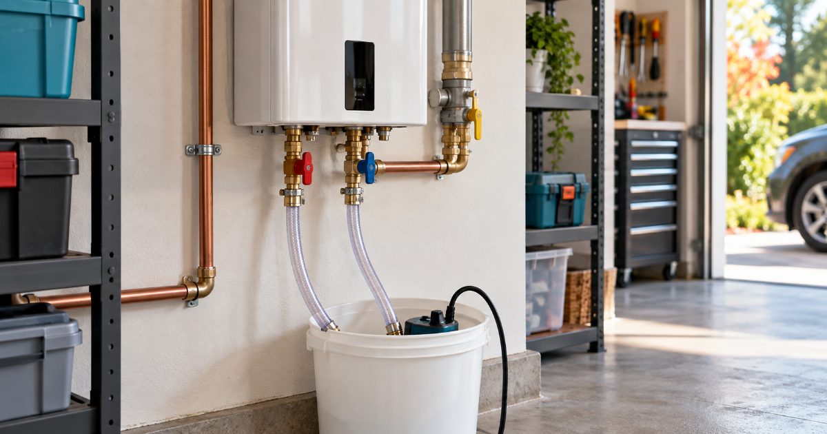A white wall-mounted tankless water heater with red and blue isolation valves below it, two braided hoses running down into a white bucket holding a small submersible pump