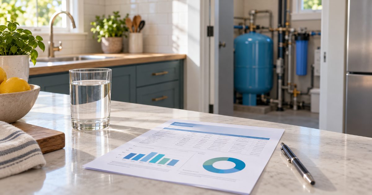 A printed water test report, a pen and a glass of water on the counter of a bright kitchen, with an unbranded well pressure tank and filter housing visible in the utility room doorway