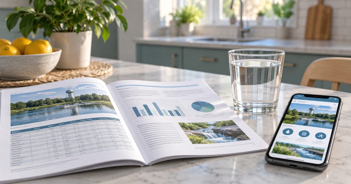 A printed municipal water quality report open on a kitchen table beside a glass of tap water and a phone showing a utility website