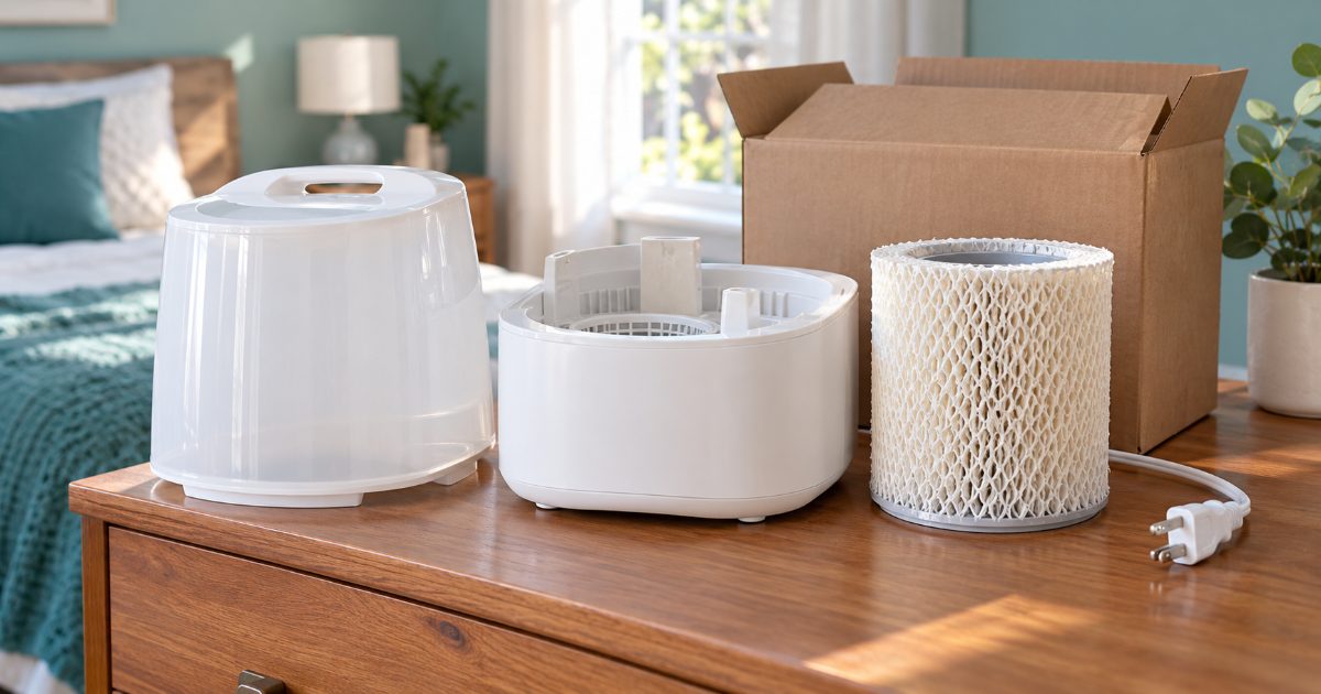A white evaporative humidifier with its tank lifted off and a damp wick filter standing beside it on a wooden dresser, a cardboard shipping box behind and a three-prong plug resting on the floor