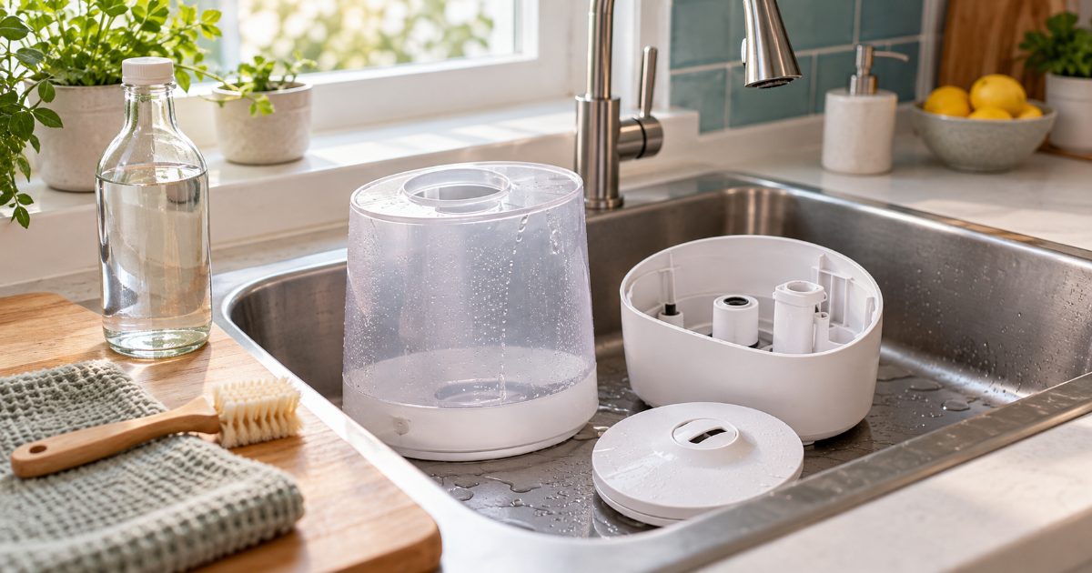 A disassembled white humidifier tank and base in a stainless kitchen sink, with a clear bottle of vinegar and a small cleaning brush on the counter beside it
