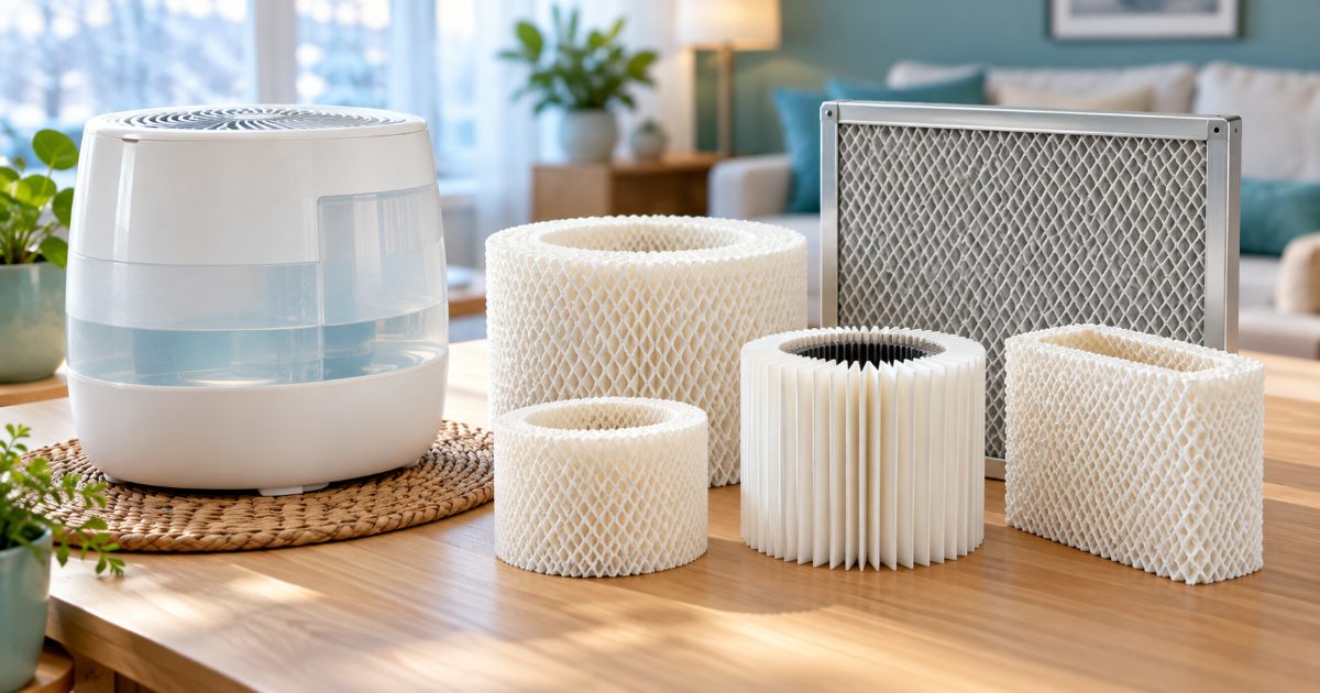 Several white humidifier wick filters and a rectangular aluminium-framed whole-house water panel laid out on a light wood table beside a tabletop evaporative humidifier