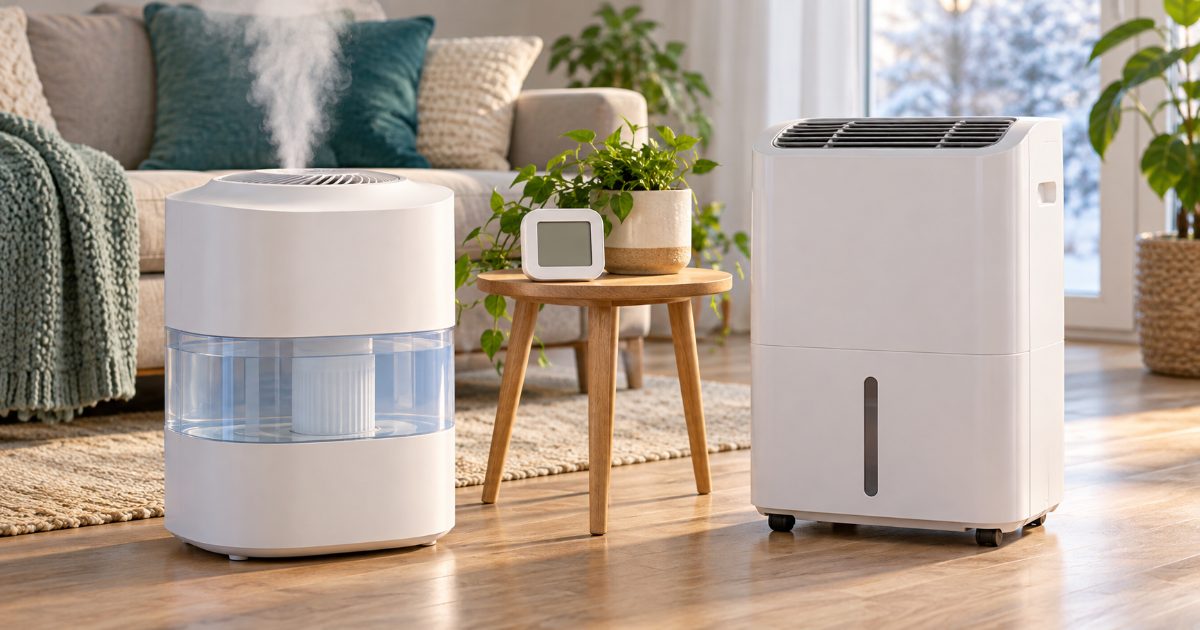 A white humidifier and a white portable dehumidifier side by side on a wooden floor, with a small digital hygrometer on a side table between them