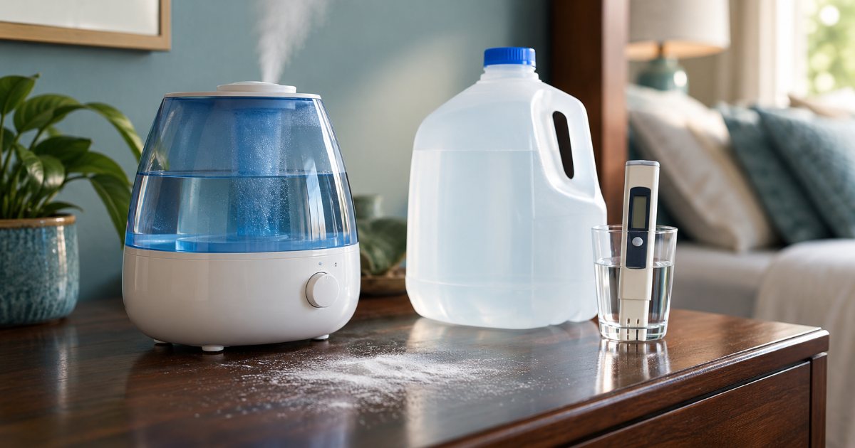 A fine white powder settled on a dark wooden dresser beside a small ultrasonic humidifier, with a gallon jug of distilled water and a handheld TDS meter standing next to it
