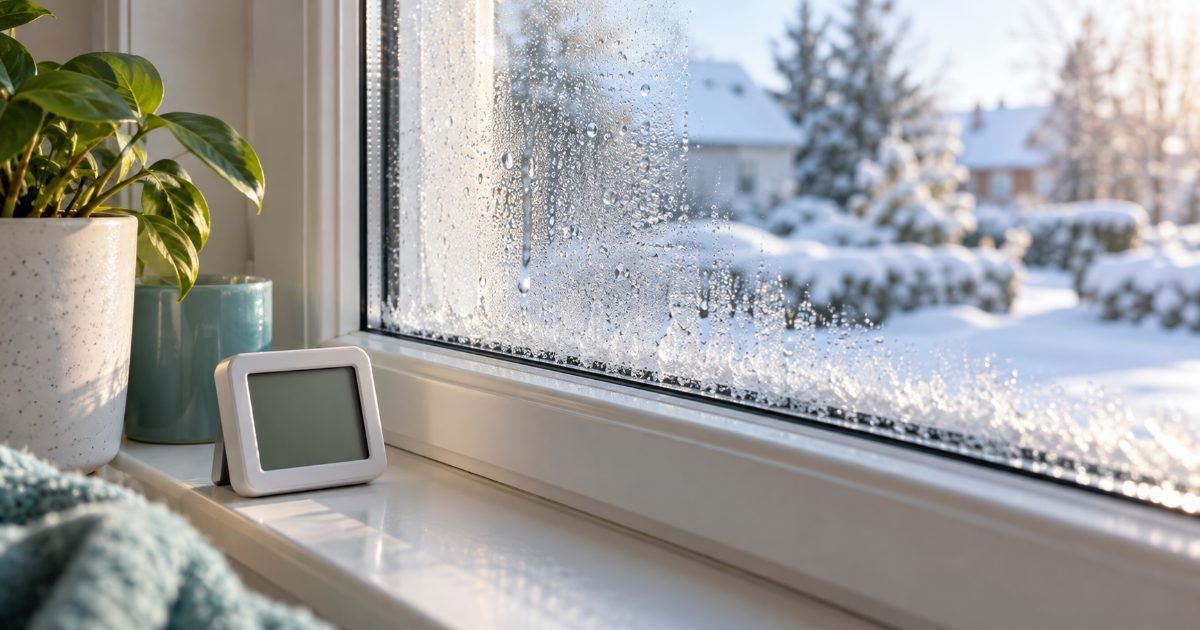 A frosted double-pane window with condensation beading along its lower edge, a small digital hygrometer standing on the painted sill and snow on the ground outside