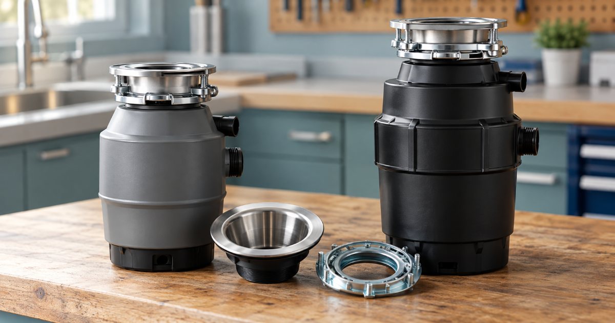 Two InSinkErator garbage disposals side by side on a workbench, a compact Badger beside a taller Evolution, with a sink flange and mounting ring between them