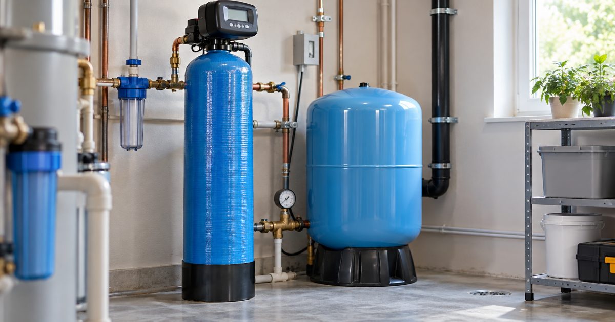 Tall blue mineral tank of a well water iron filter with a control valve on top, standing beside a pressure tank in a bright utility room.