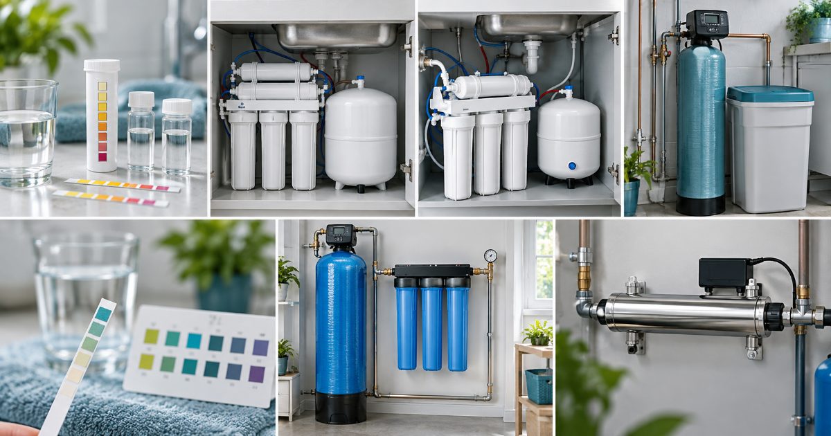 Water treatment systems and filters in a bright utility room under a sink