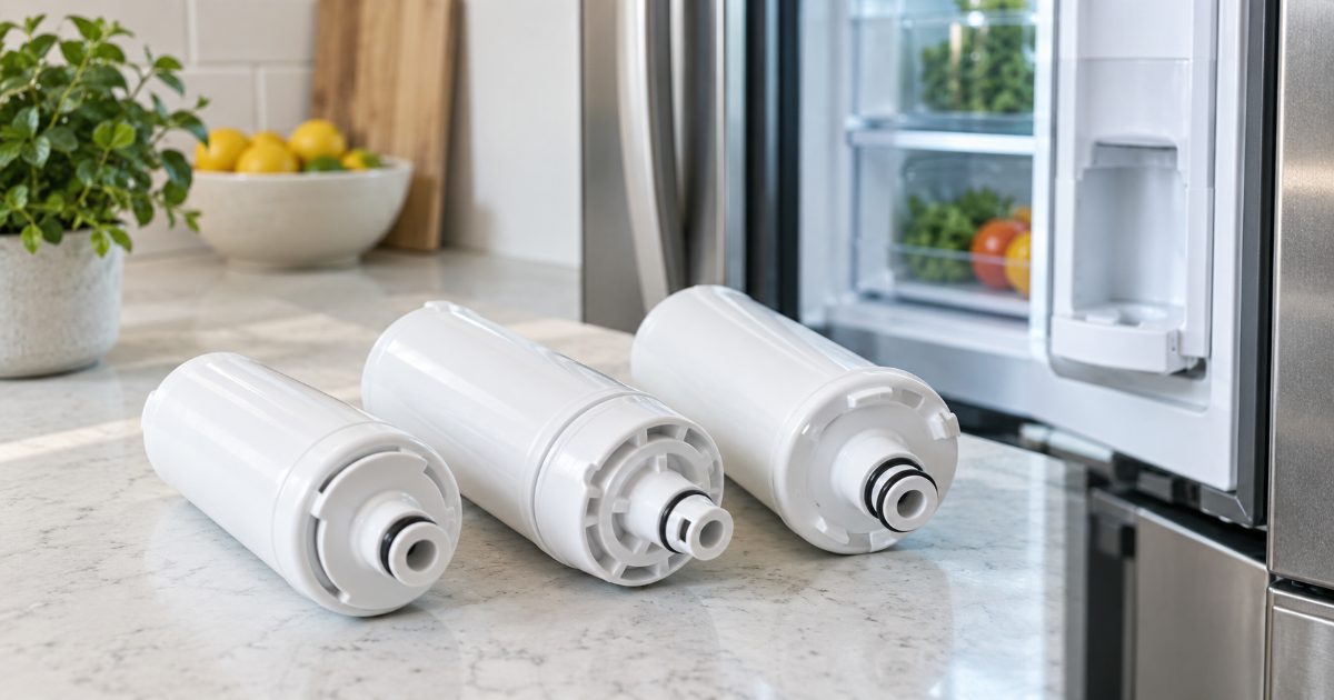 Three unbranded cylindrical refrigerator water filter cartridges laid on a counter beside an open fridge door in a bright kitchen