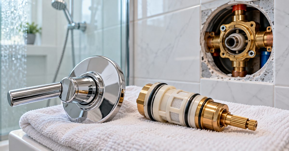 A brass and white pressure-balancing shower valve cartridge and a chrome shower handle with its trim plate on a folded white towel, an open brass valve body in the tiled wall behind