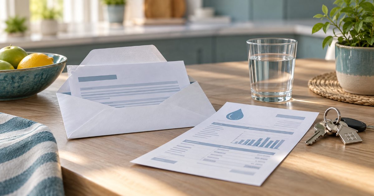 An opened utility letter on a kitchen table beside a water bill and a set of house keys