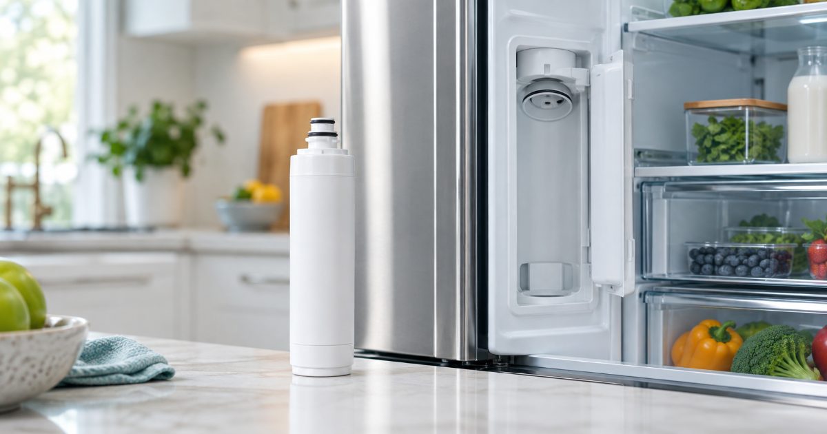 A twist-in refrigerator water filter cartridge held beside an open French-door refrigerator in a bright kitchen